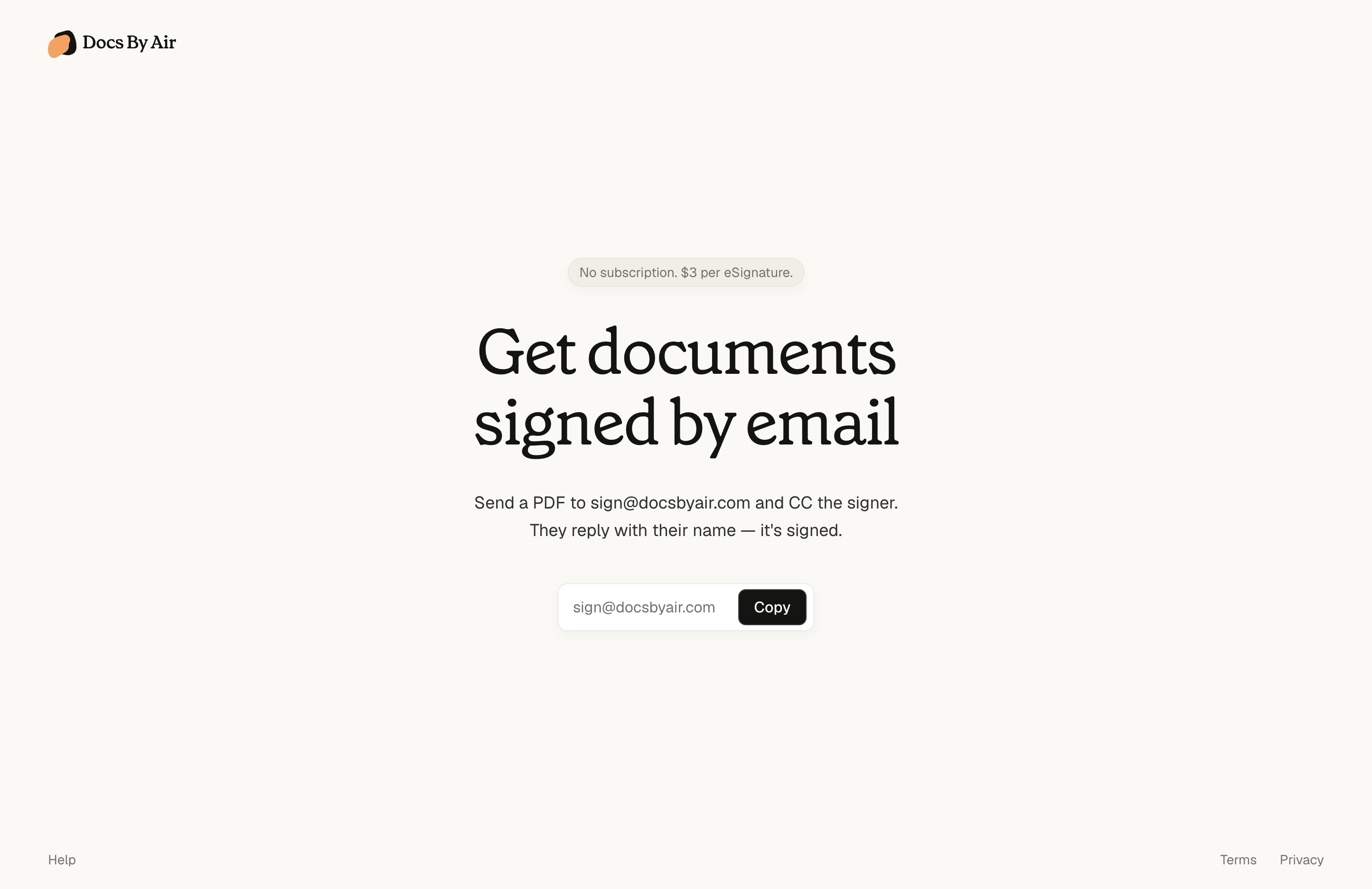 Docsbyair landing page with headline Get documents signed by email